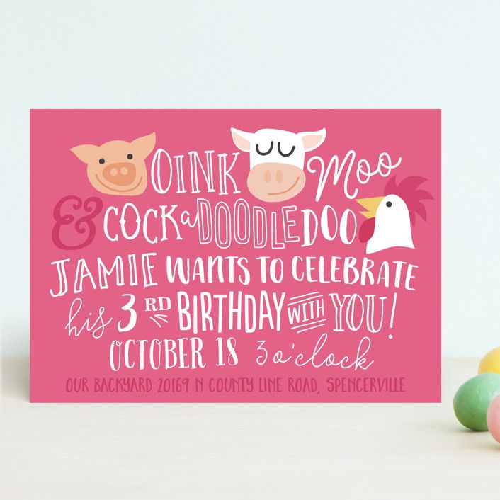 "Oink & Moo" - Customizable Children's Birthday Party Invitations in Red by Jessie Steury. | Minted
