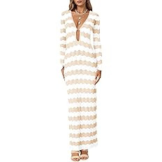 Saodimallsu Womens Crochet Summer Maxi Dress Striped Sexy Cut Out V Neck Long Sleeve Knit Cover U... | Amazon (US)