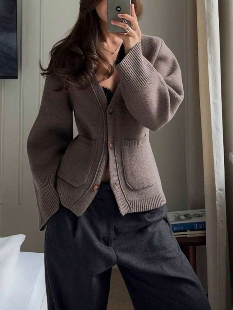 Elegant Casual Daily Cardigan Long Sleeve Knitted Sweater Coat, Suitable For Dates And Commuting | SHEIN