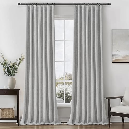 Grey Linen Room Darkening Curtains 96 Inches Long 2 Panels Set for Sliding Glass Doors, Cottage Core Blackout Pleat Light Gray Aesthetic Drapes Soundproof Privacy 8 FT Window Curtain for Office Burg | Amazon (US)