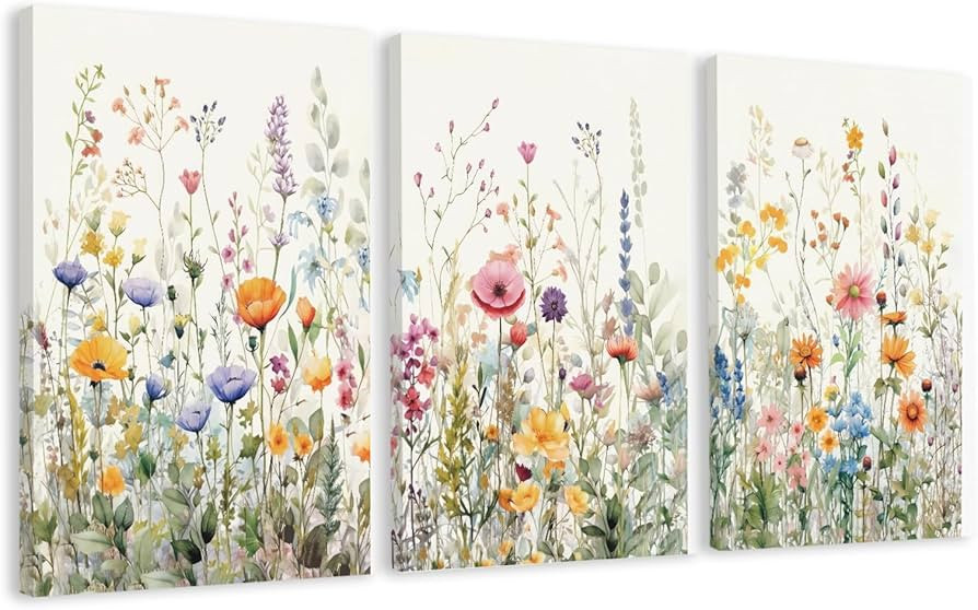 WRFON Wildflower Canvas Wall Art Set of 3, Unframed Botanical Floral Watercolor Prints, Meadow Fl... | Amazon (US)