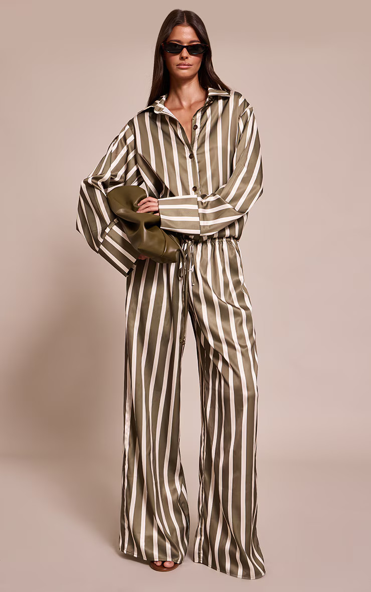 Khaki Satin Pinstripe Wide Leg Pants | Co-ords | PrettyLittleThing US