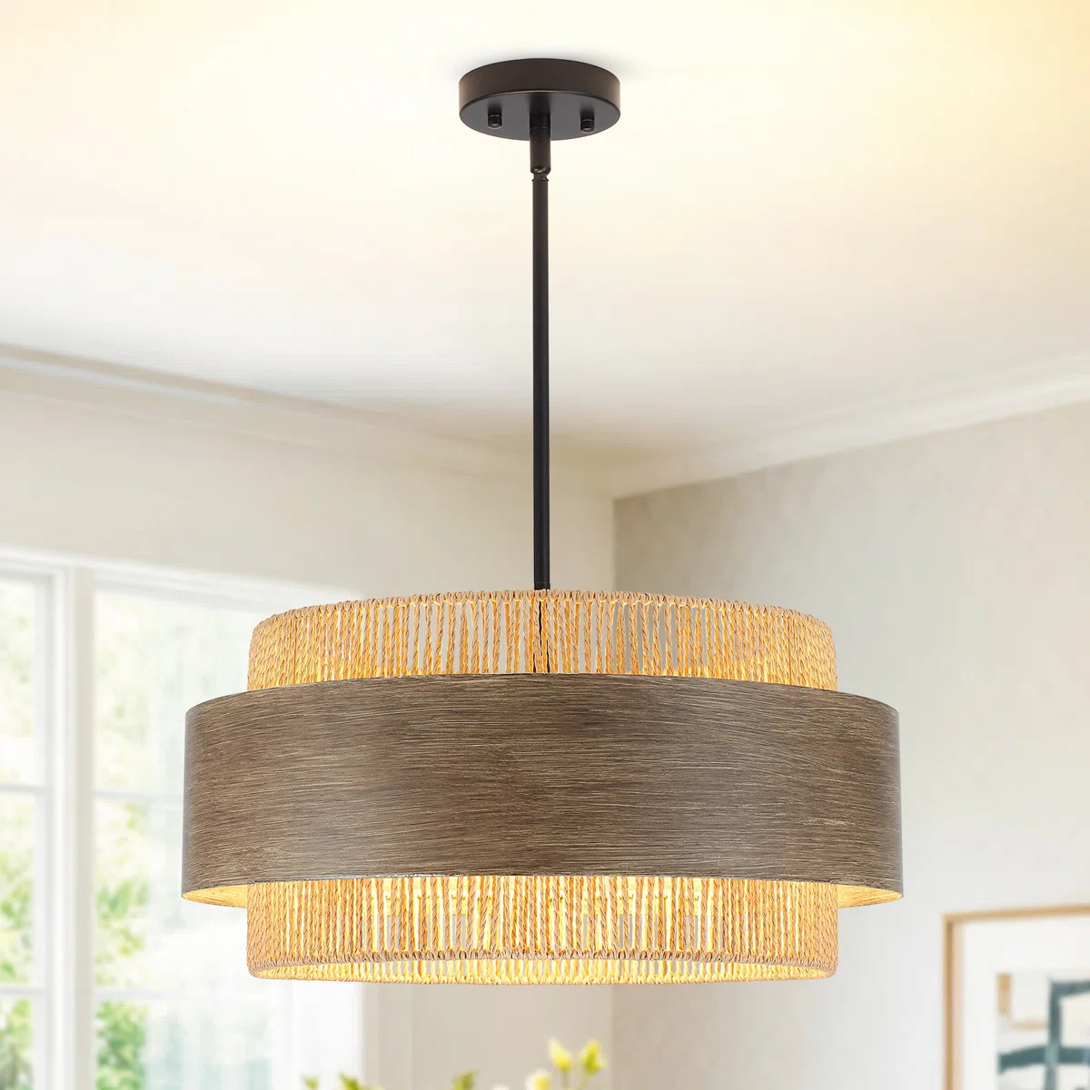 20 Inches Drum Chandelier With Metal And Rattan Shade, 5-lights Farmhouse Drum Pendant Light Larg... | Wayfair North America