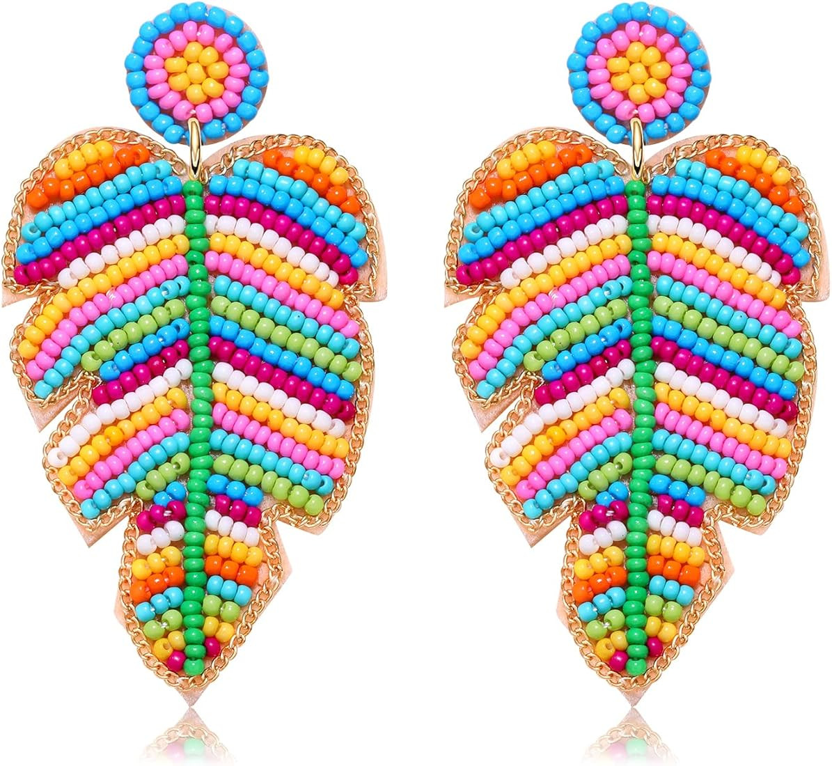 Beaded Tropical Leaf Dangle Earrings Boho Statement Long Leaf Dangle Earrings Handmade Colorful B... | Amazon (US)
