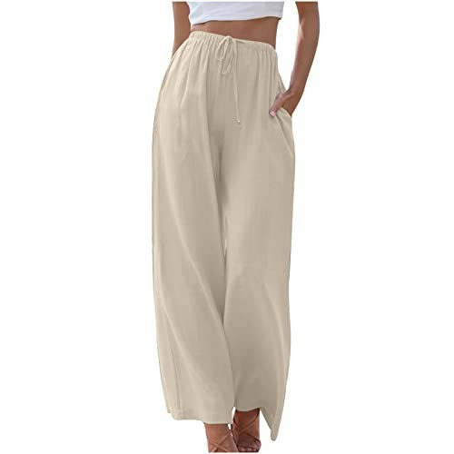 LMSXCT Linen Pants for Women Summer Drawstring High Waist with Pockets Cotton Linen Palazzo Pants Beach Wide Leg Pant Trouser Beige | Amazon (US)