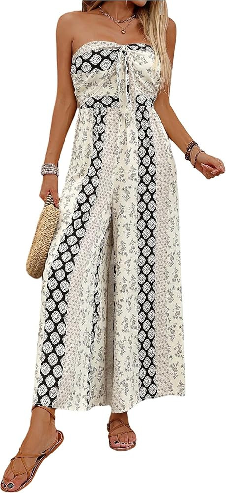 WDIRARA Women's Boho Print Strapless Jumpsuit Knot Front Wide Leg Pants Romper | Amazon (US)