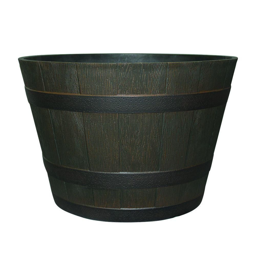 Southern Patio 22.44 in. Dia x 14.96 in. H Rustic Oak High-Density Resin Whiskey Barrel Planter | The Home Depot