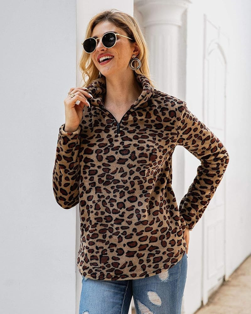P&A Fashion Women's Long Sleeve Leopard Print Sweatshirt V Neck Quarter Zip Fleece Pullover Tops | Amazon (US)