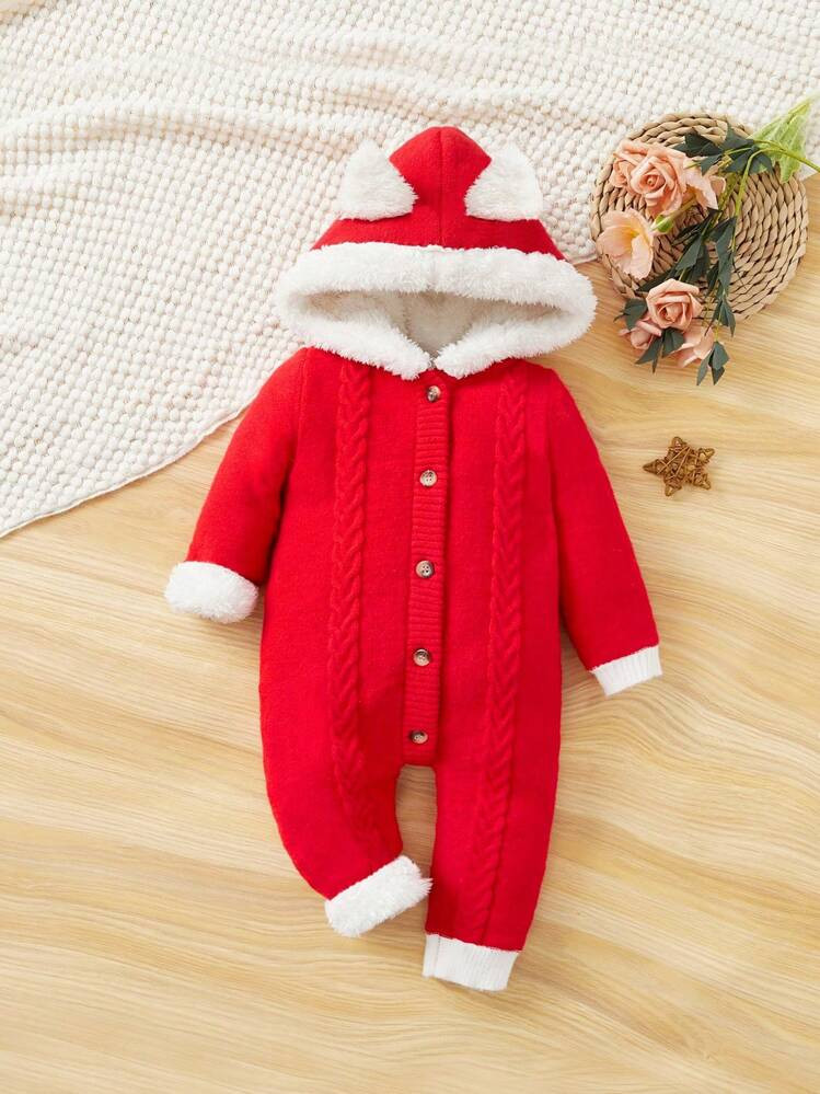 SHEIN Newborn Baby Girls' Casual Long Sleeve Hoodie And Jumpsuit With Fuzzy Decor | SHEIN