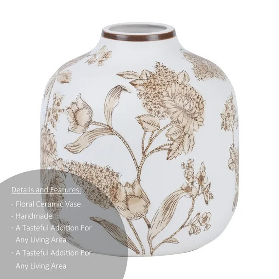 Home Decor Collection Sterling & Noble Home White Ceramic Brown Floral Painted Tabletop Vase | Walmart (US)