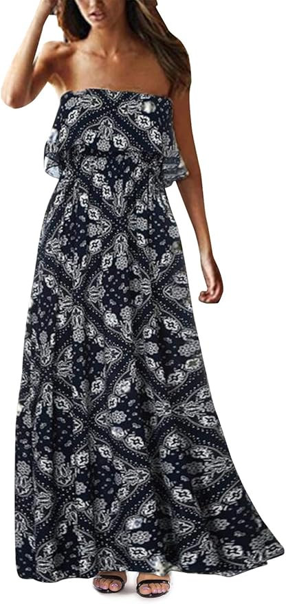 Yidarton Women Summer Blue and White Porcelain Strapless Boho Maxi Long Dress | Amazon (US)