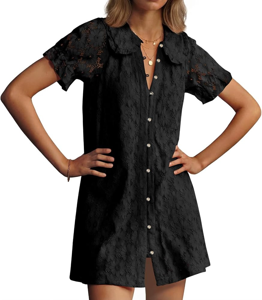 Wenrine Womens Summer Lace Mini Dress Casual Short Sleeve Peter Pan Collar Button Down Beach Vaca... | Amazon (US)
