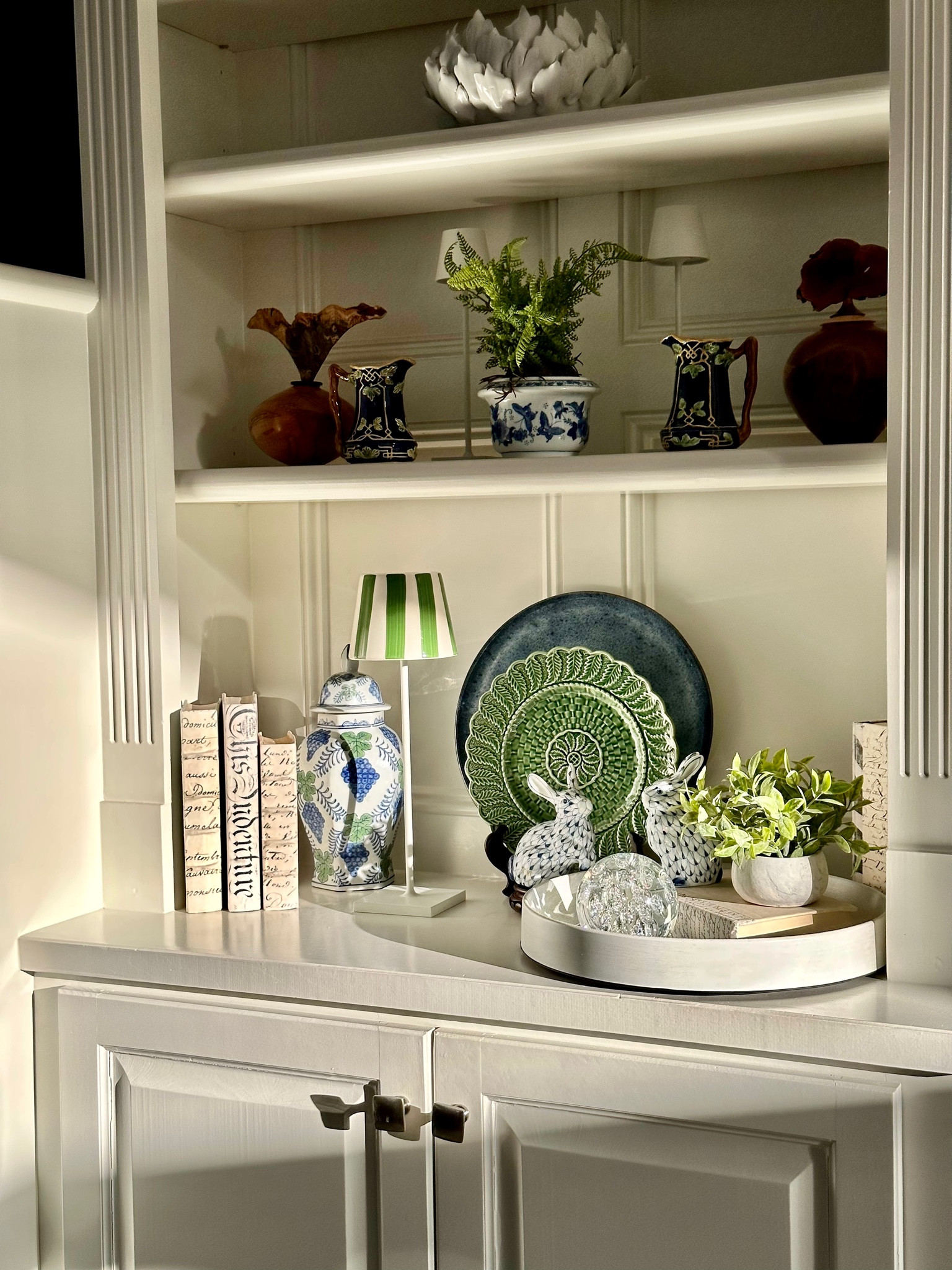 No built in lighting, using cordless lamps that are perfect for the ambiance and light

#LTKhome #LTKFind #LTKSeasonal