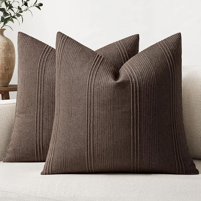 MIULEE Striped Euro Sham Pillow Covers 24x24 Inch Reddish Brown 2 Pack     Textured Linen Pillow ... | Amazon (US)