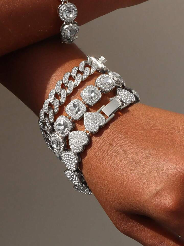 1pc European And American Style Fully Beaded Heart Chain Bracelet, Hip Hop Street Style, Gold For... | SHEIN