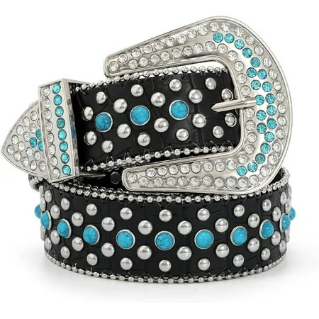 Rhinestone Turquoise Belt for Women Men Western Cowboy Cowgirl Bling Studded Rivet Leather Belt | Walmart (US)