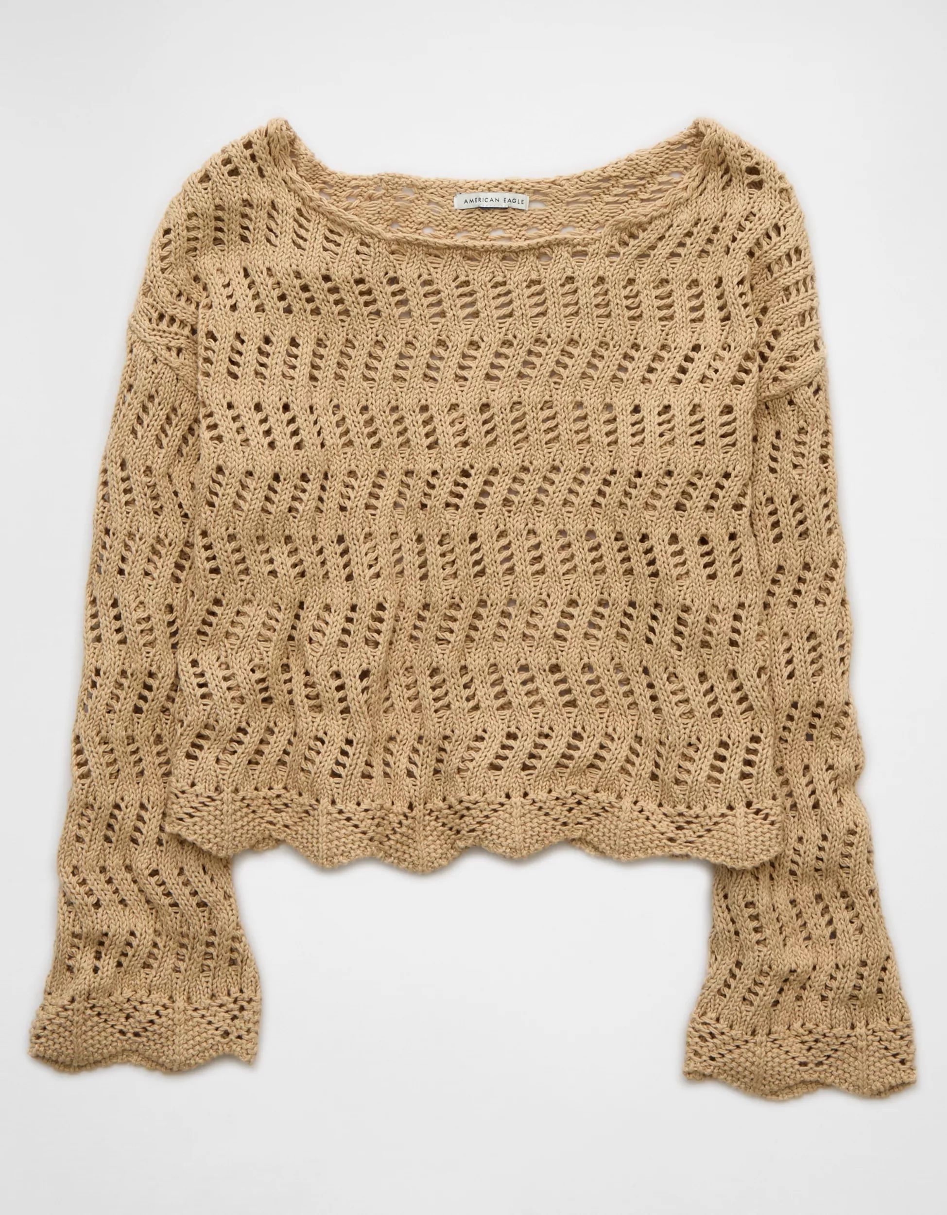 AE Boat Neck Bell Sleeve Crochet Sweater | American Eagle Outfitters (US & CA)