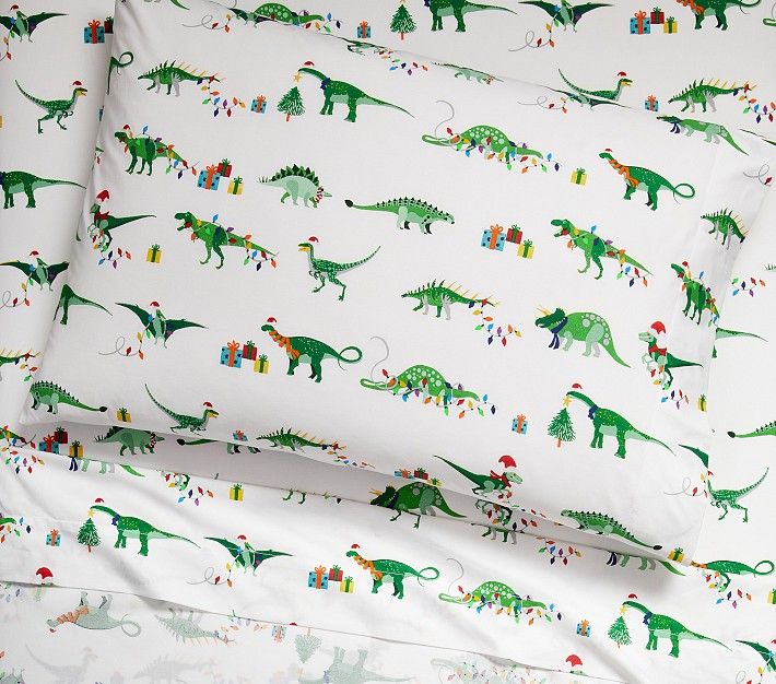 Christmas Dinosaur Glow-in-the-Dark Sheet Set & Pillowcases | Pottery Barn Kids