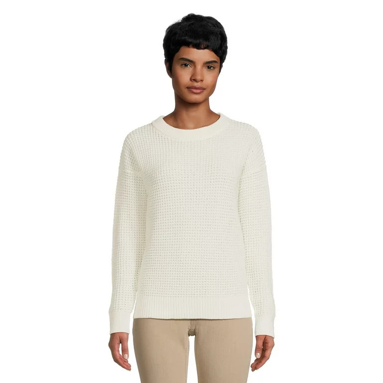 Time and Tru Women's Long Sleeve Waffle Crewneck Pullover Sweater | Walmart (US)