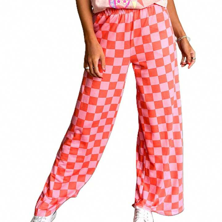 Women Plaid Wide Leg Pants Casual High Waist Drawstring Loose Trousers Gingham Lounge Pants Stree... | SHEIN