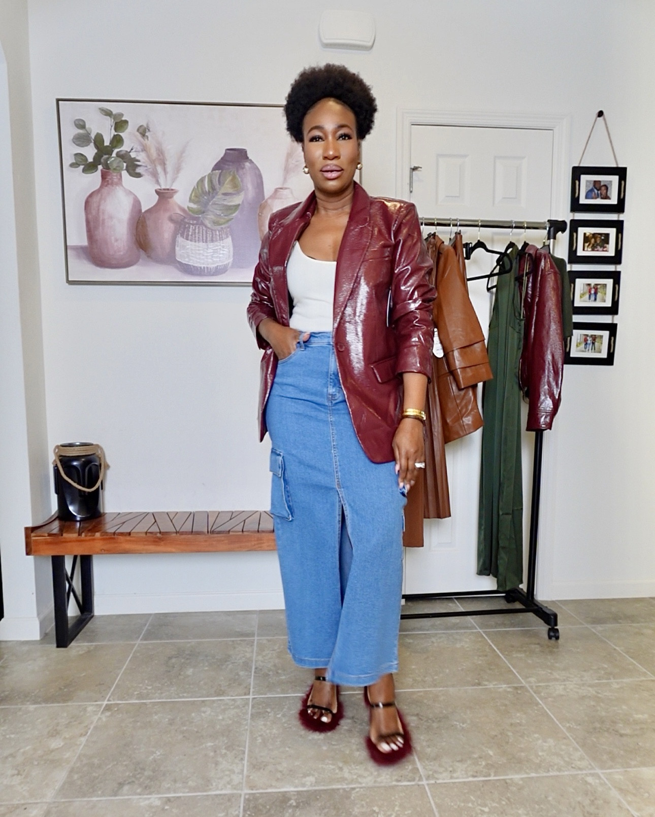Fall Fashion… Oversized blazer x maxi cargo denim skirt. Still not over this burgundy color and how it’s perfect for fall. 
•wearing a large blazer
•wearing a size 6 skirt 
•shoes fits true to size


#LTKSeasonal #LTKStyleTip #LTKFindsUnder50