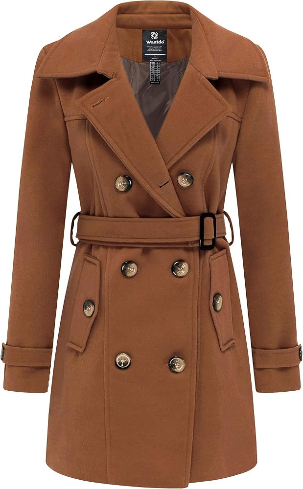 wantdo Women's Double Breasted Pea Coat Winter Mid-Long Trench Coat with Belt | Amazon (US)