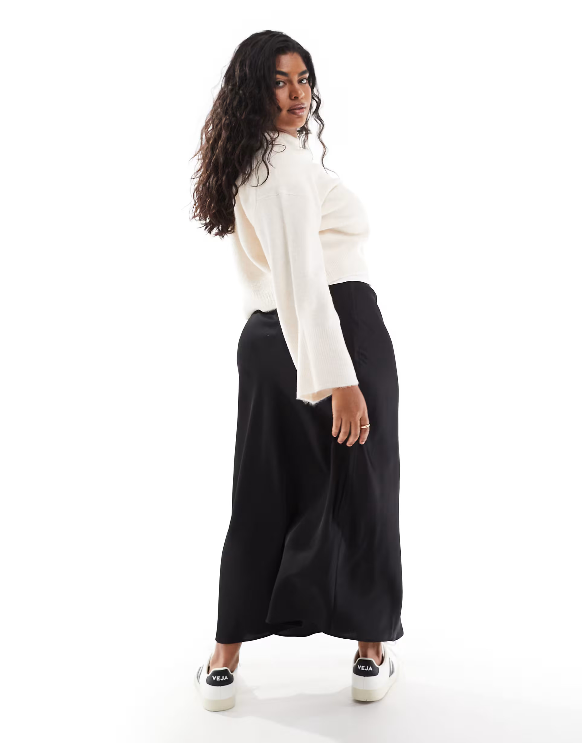 ASOS DESIGN Curve satin bias midi skirt in black | ASOS (Global)