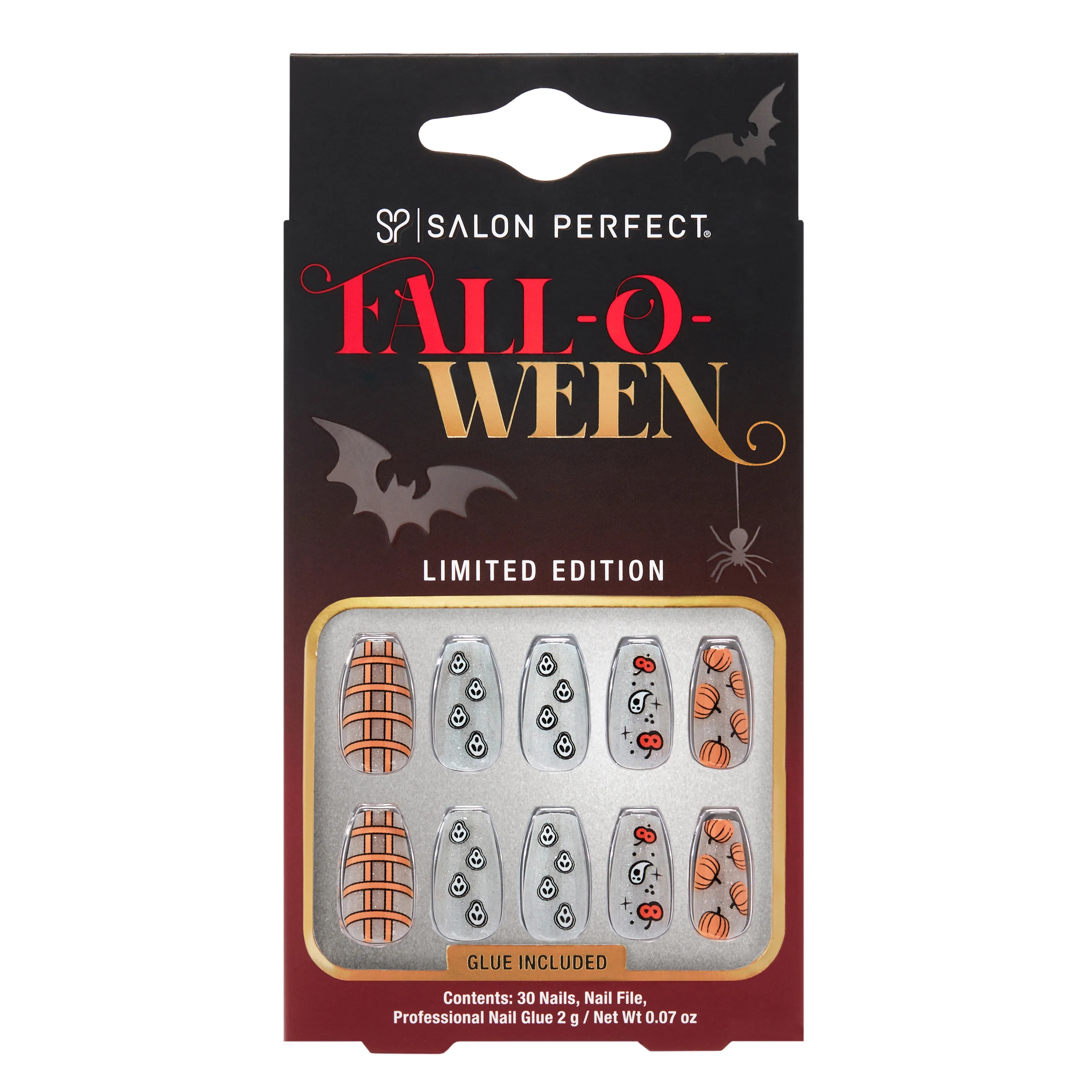 Salon Perfect Falloween Press On Nails, 331 Pumpkin Ghost Design, File & Glue Included, 30 Nails | Walmart (US)