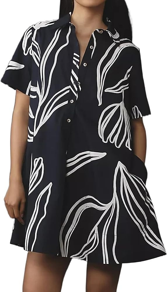 Short Sleeve Swing Tunic Mini Dress for Women Button Up Shirt Blouse Short Dress Summer Casual Fl... | Amazon (US)