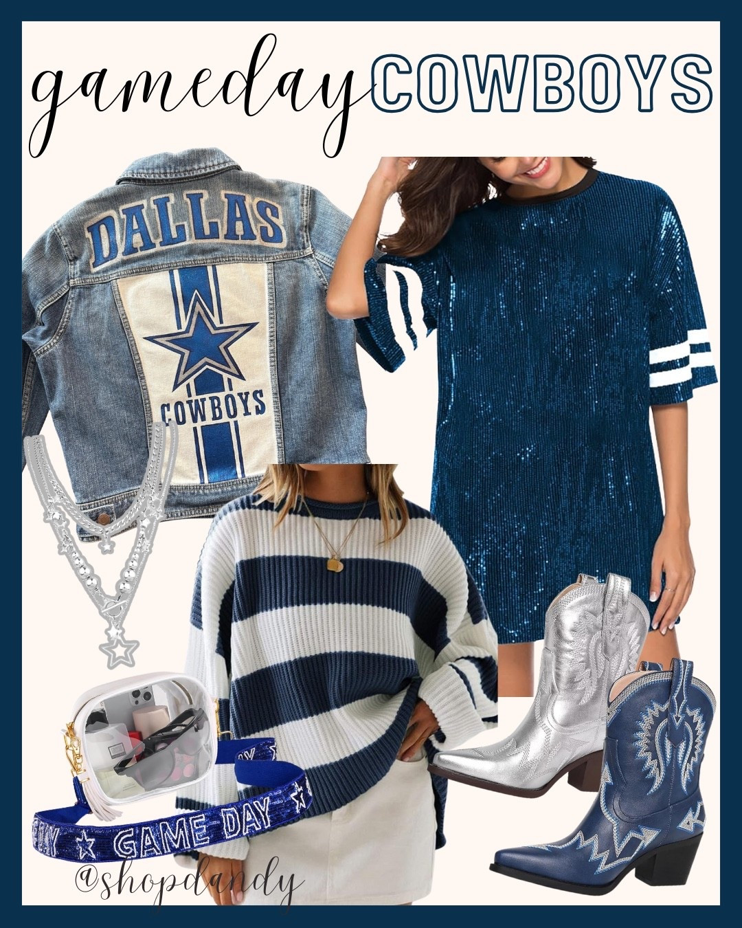 How ‘bout those Cowboys! I love the stars, sparkles, navy and silver for gameday, and don’t forget your boots. My favorite pics for Dallas Cowboy gameday on Amazon and Etsy!