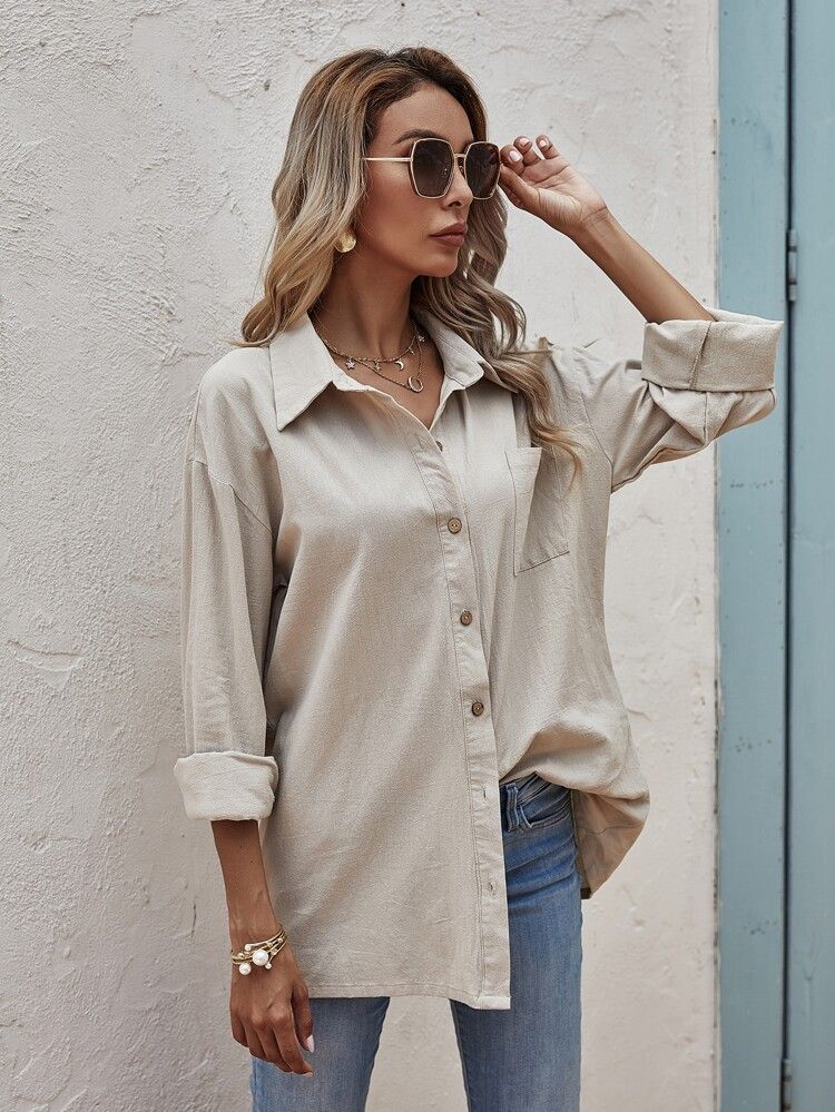 Solid Pocket Front Button Up Blouse | SHEIN