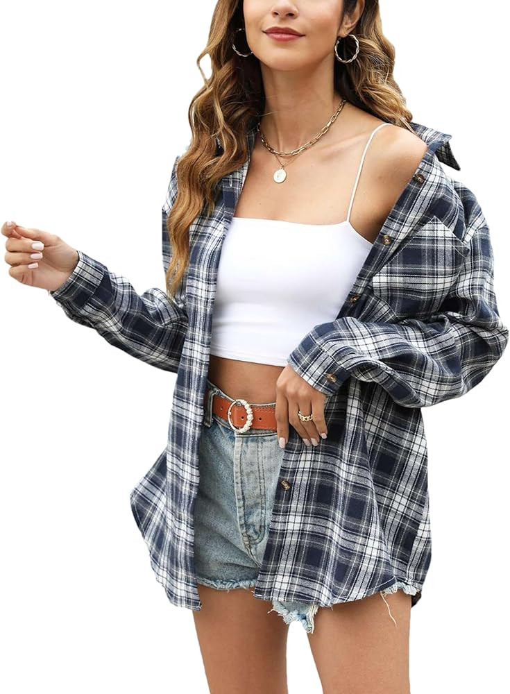 Lumister Oversized Flannel Shirt Women Long Sleeve Plaid Button Buffalo Shirt Blouse Tops with On... | Amazon (US)