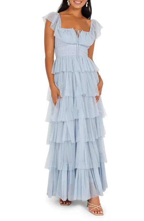Petal & Pup Belle Swiss Dot Tulle Tiered Maxi Dress in Blue at Nordstrom, Size Large | Nordstrom