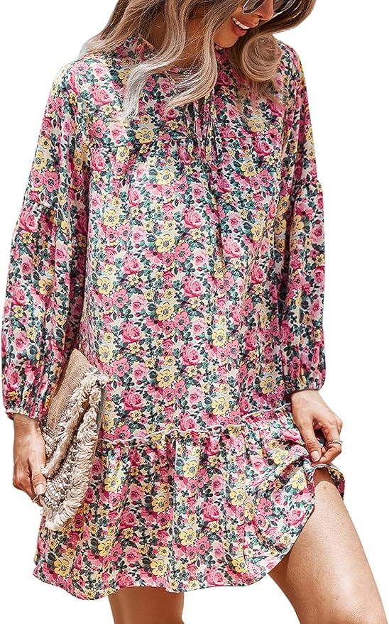 KIRUNDO 2023 Spring Summer Women's Long Sleeve Tie Neck Ruffle Floral Print Boho Dresses Loose Pl... | Amazon (US)