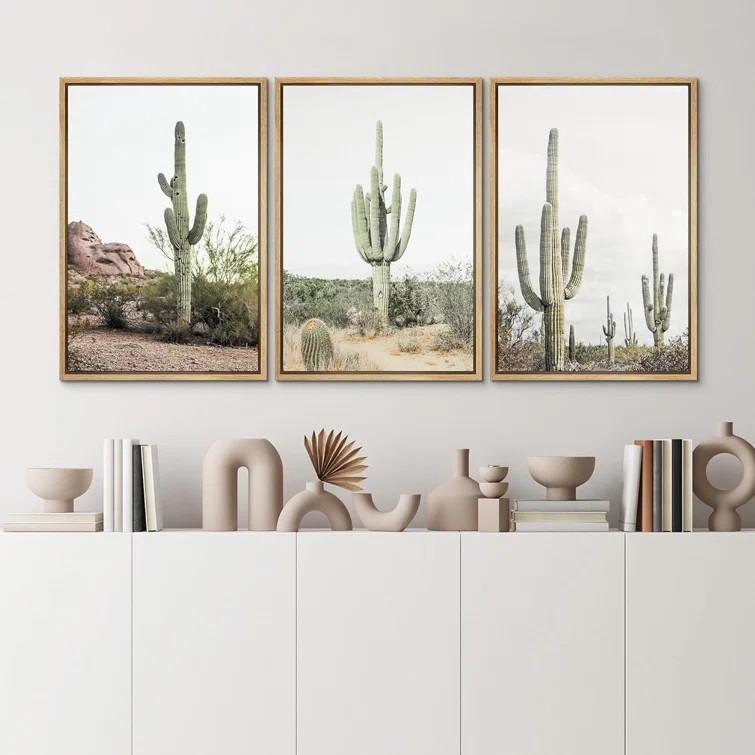 Southwest Large Cactus Western Desert Landscape Framed Canvas 3 Pieces Print Wall Art | Wayfair North America