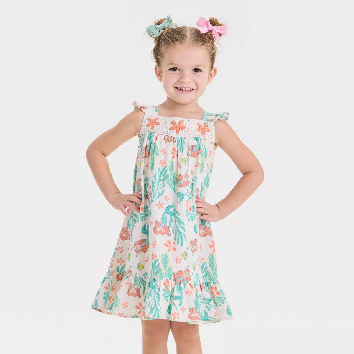 Toddler Girls' Disney Ariel The Little Mermaid Printed Woven Gauze Dress - Ivory | Target