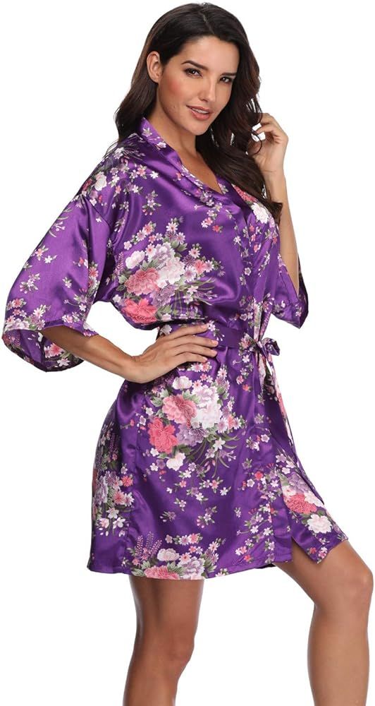 Women's Floral Short Satin Bridesmaid Robes Silky Bride Robes Getting Ready | Amazon (US)
