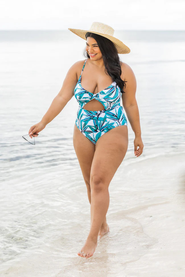 Tropic Stop Blue/Green Palm Cutout Twist Front One Piece Swimsuit | Pink Lily