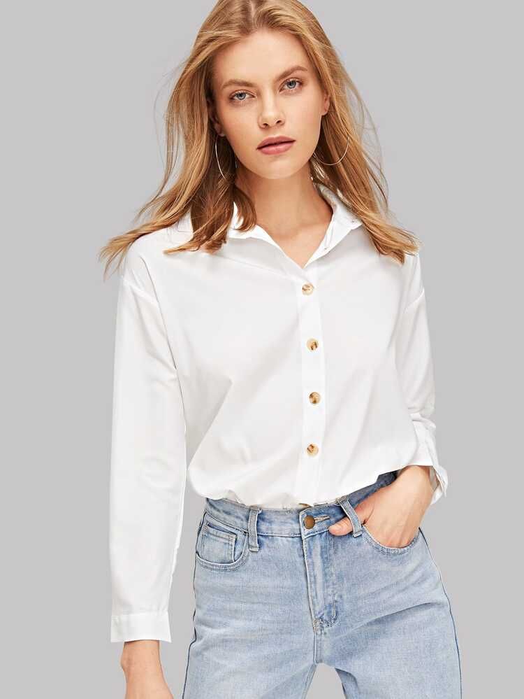 SHEIN Solid Button Up Curved Hem Shirt | SHEIN