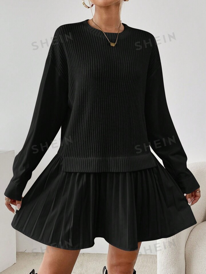 SHEIN Essnce Ladies' Solid Color Pleated Hem Dress | SHEIN