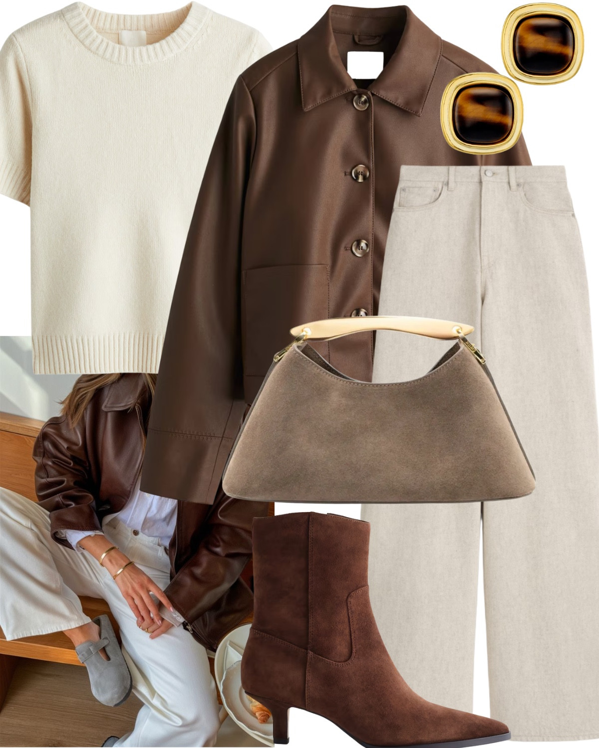 Combine autumnal textures  

Including brown leather jacket, short sleeve knit top, cream barrel jeans, brown suede handbag, brown suede heeled boots, tortoise shell stud earrings. 

#LTKautumn #LTKstyletip #LTKbag