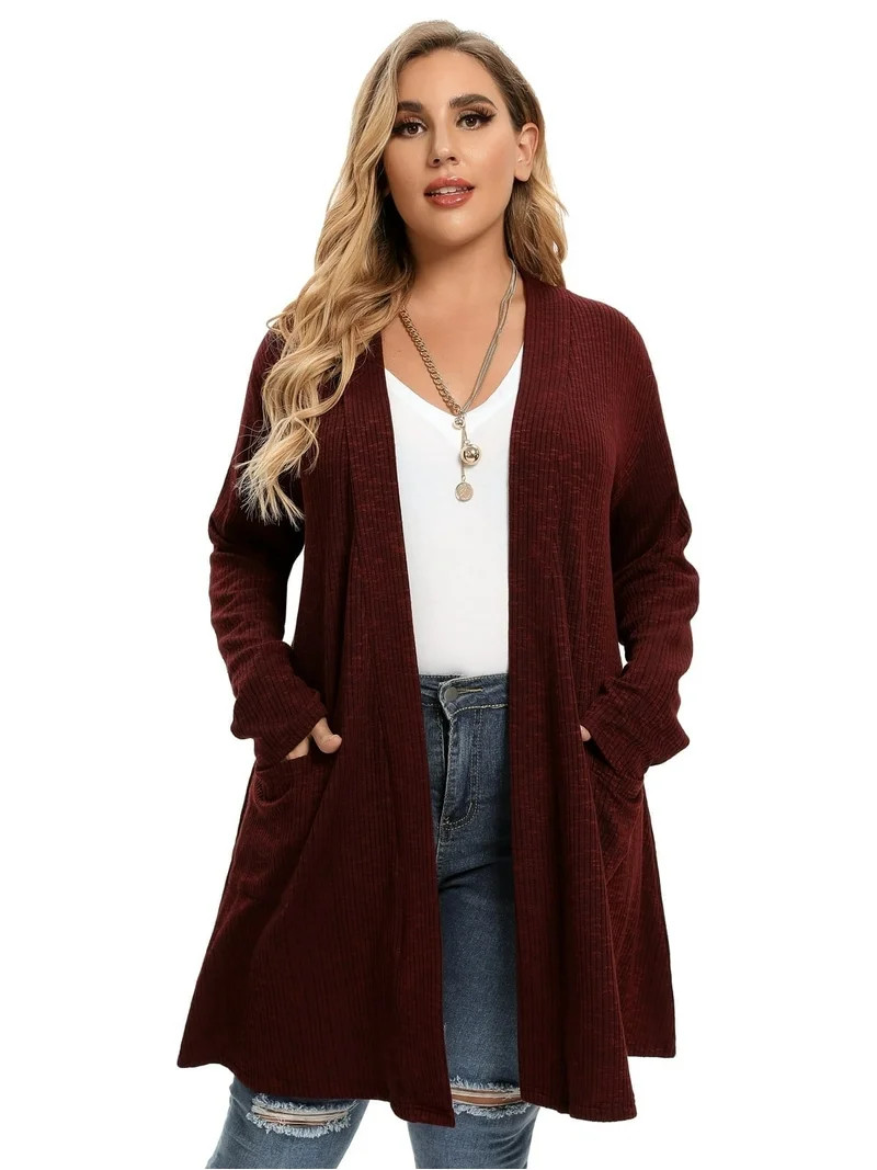 Knit Cardigan for Women Long Sleeve Open Front Cardigan Sweaters for Fall Office Wear Wine Red Plus | Walmart (US)