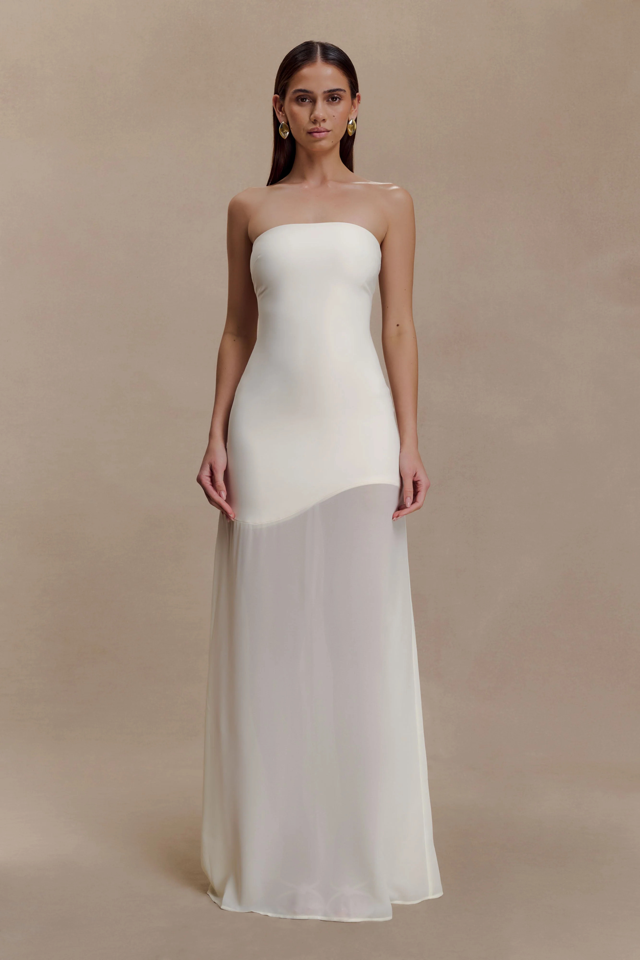 Crepe And Chiffon Maxi Dress - Ivory | MESHKI US