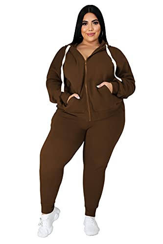 YeGine Womens Plus Size Two Piece Outfits Sweatsuits Casual Long Sleeve Set With Pockets Brown 4XL | Amazon (US)