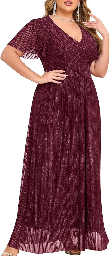 ZOMVA Plus Size Maxi Formal Dress Sparkly V-Neck A-line Ruffle Sleeves Evening Gown Cocktail Prom... | Amazon (US)