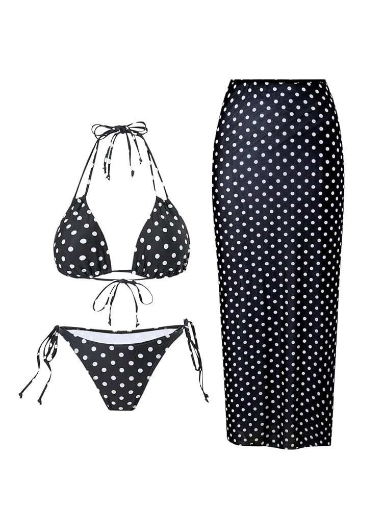 MakeMeChic Women's Bikini Sets Polka Dots Halter Tie Side Swimsuit with Beach Skirt | Amazon (US)
