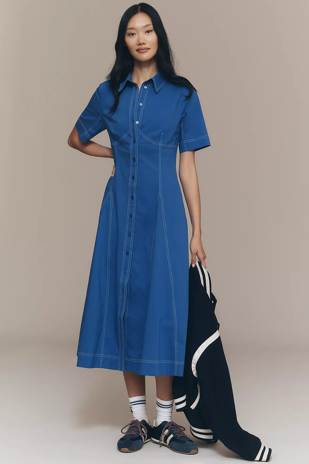 Exquise Short-Sleeve Seamed Pleated Midi Dress | Anthropologie (US)