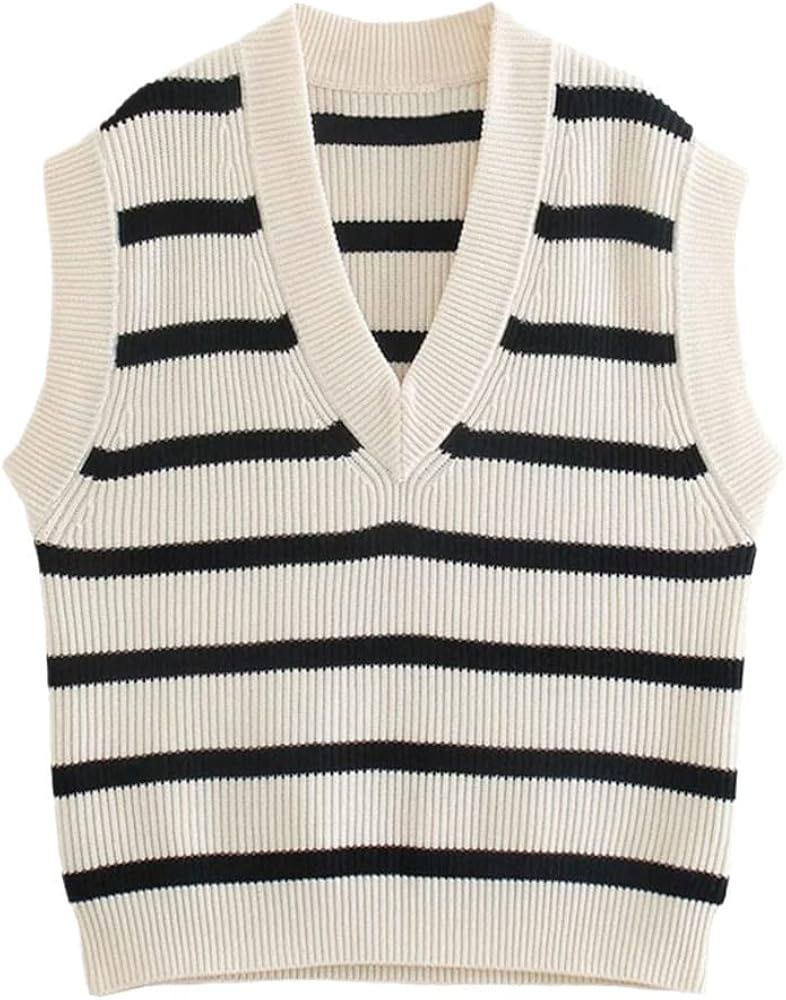 Women Striped Knitted Vest Sweater Vintage V Neck Sleeveless Waistcoat Tops at Amazon Women’s C... | Amazon (US)