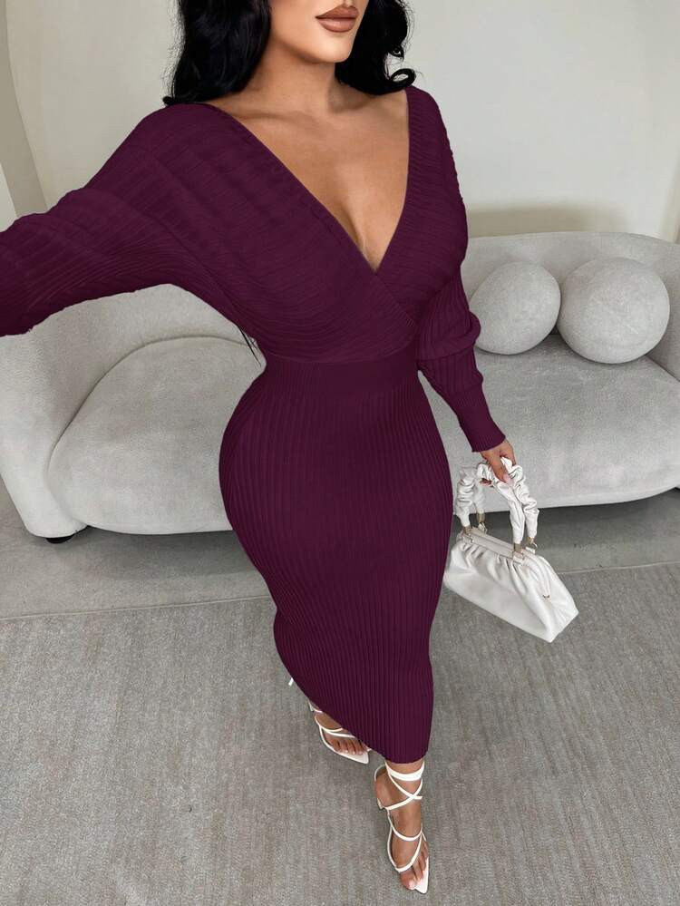 SHEIN SXY Women Sexy Elegant White V-Neck Off Shoulder Long Sleeve Fitted Sweater Dress, Suitable For Daily Wear, Office, Date, Casual, Party, Thanksgiving, Christmas White Midi Dress White Long Sleeve Dress White Bodycon Dress Ribbed Midi Dress In Fall/Winter,Fall,Fall Clothes For Women Long Bodycon Dress Tight Long Dress Deep V Dress Plum Dress Long Sleeve Elegant Dress | SHEIN