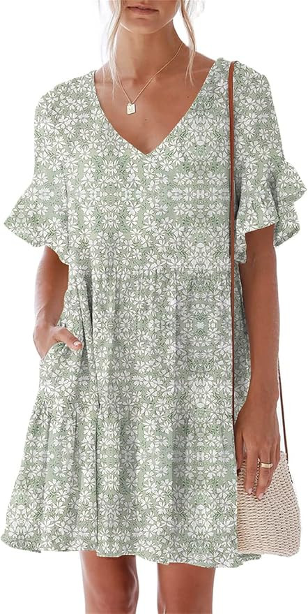 nclook Women's Summer Casual Dress Sweet & Cute V-Neck Mini Dress with Pocket Short Sleevele Ruff... | Amazon (US)
